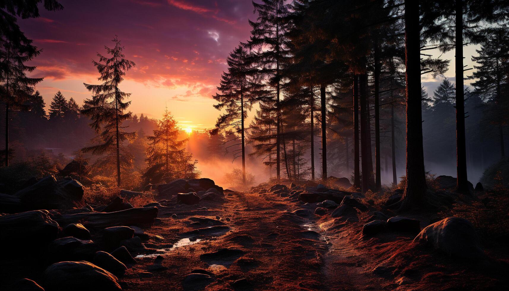 AI generated Mysterious sunset over mountain range, nature fiery beauty generated by AI photo