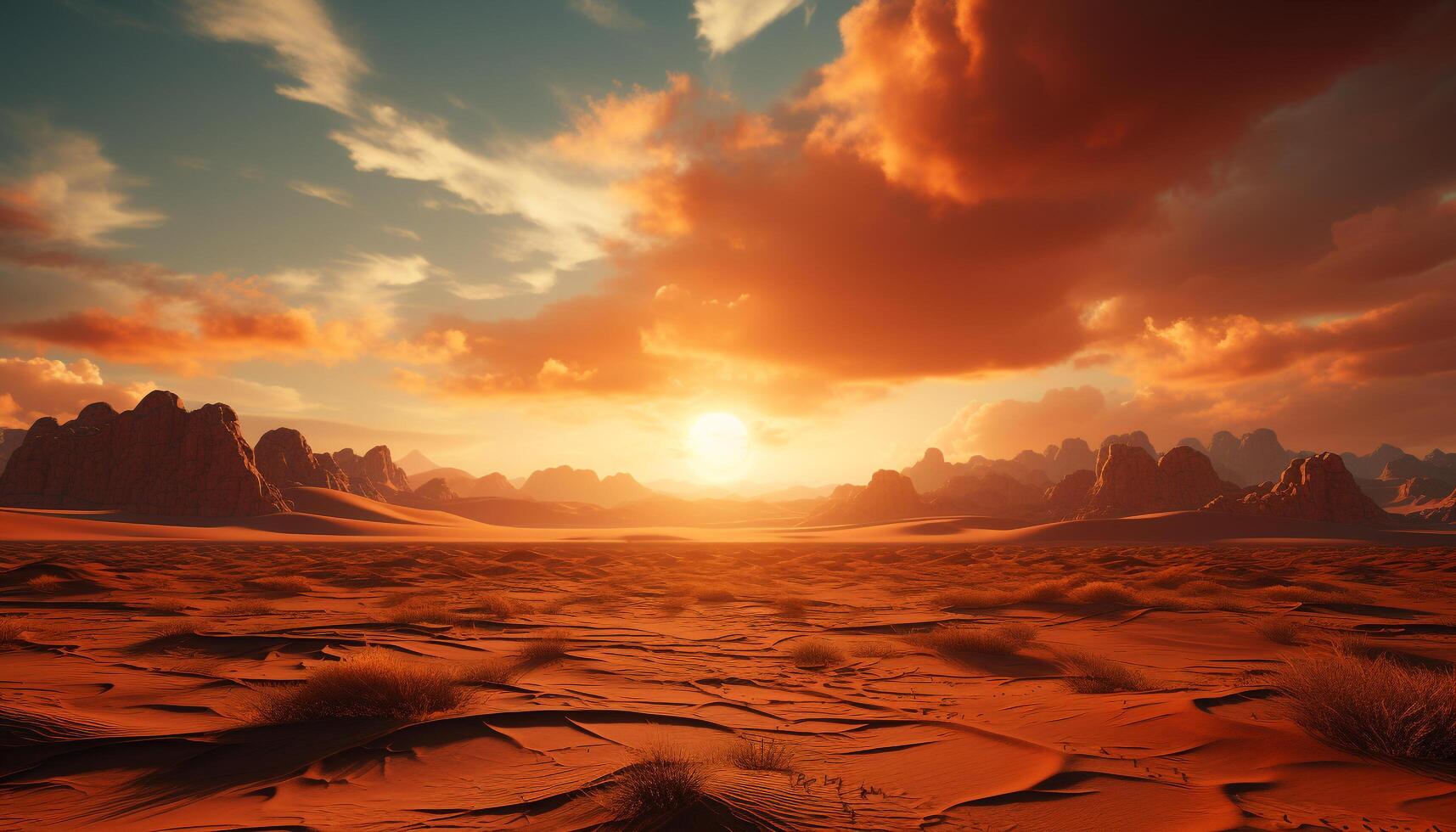 AI generated Sunset over the majestic mountain range, reflecting on water generated by AI photo