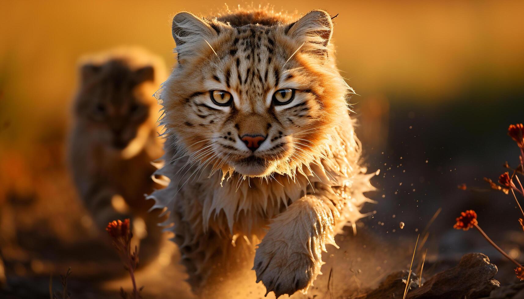 AI generated Tiger walking in the wild, staring with aggression generated by AI photo