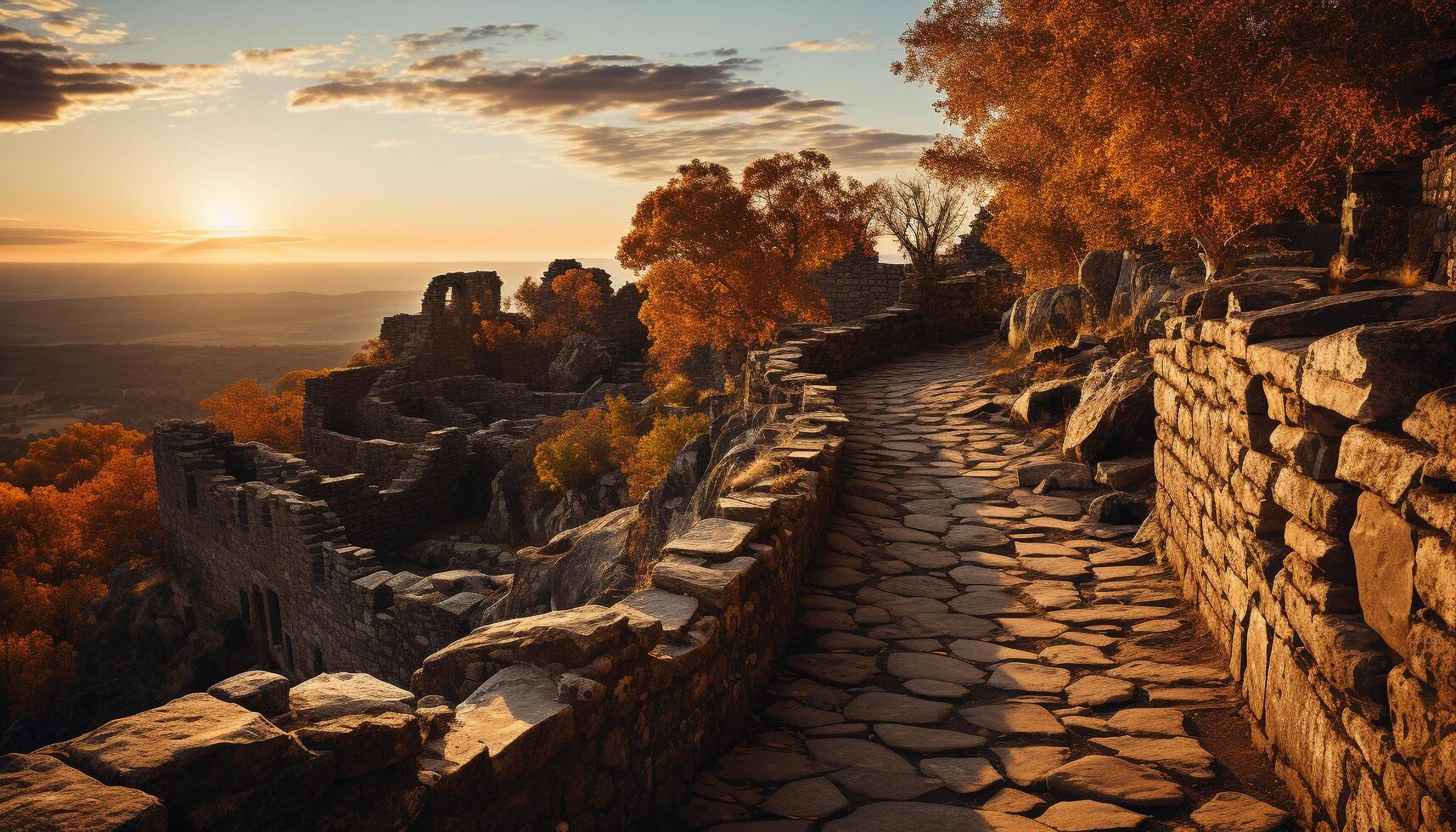 AI generated Ancient ruins blend with nature beauty at sunset generated by AI photo
