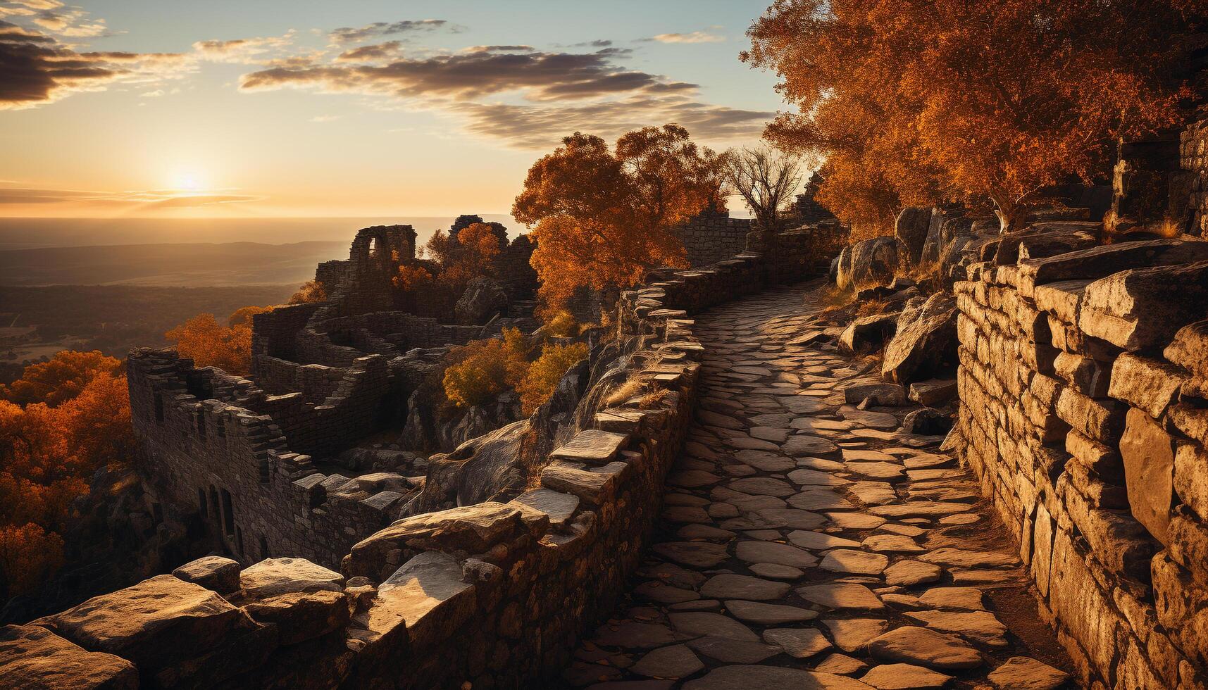 ai generado antiguo restos mezcla con naturaleza belleza a puesta de sol generado por ai foto