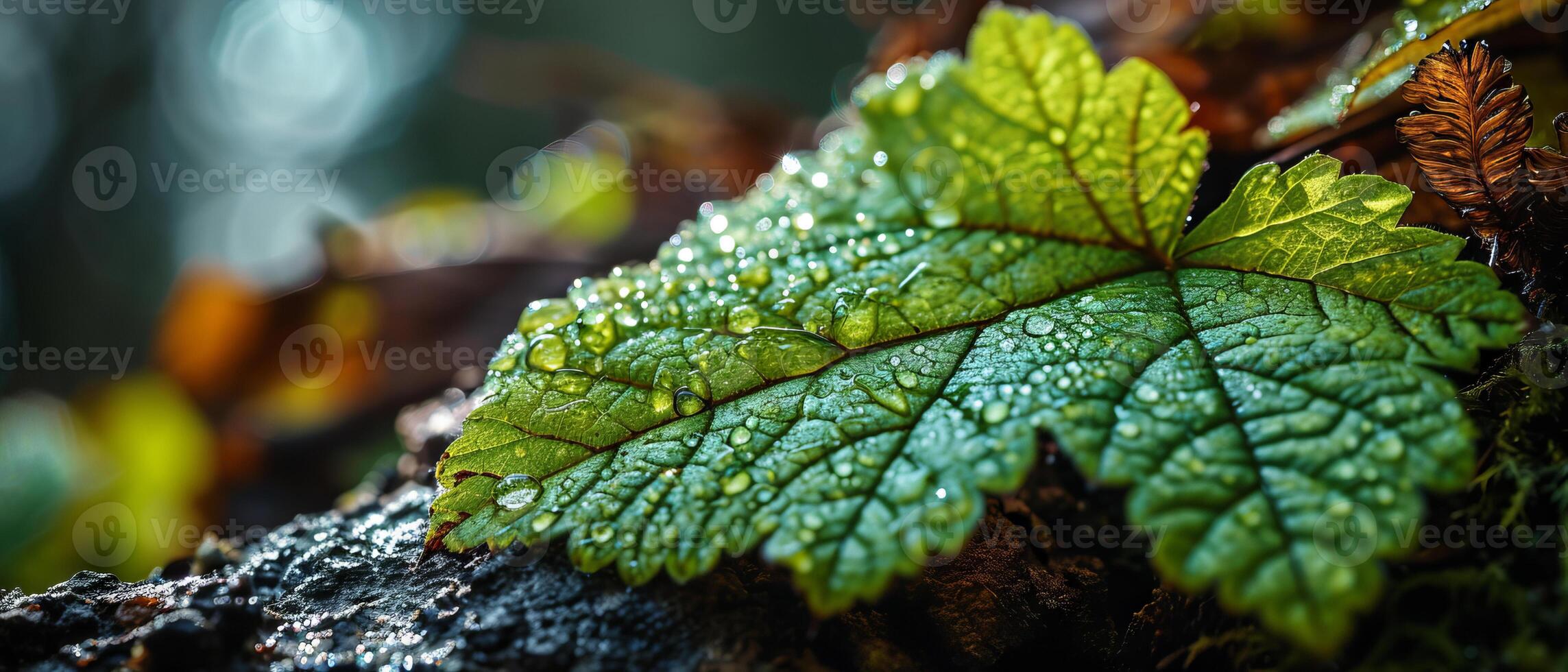 AI generated Sunlight filters through a fresh green leaf covered in dew drops, emphasizing the leaf's intricate vein pattern photo