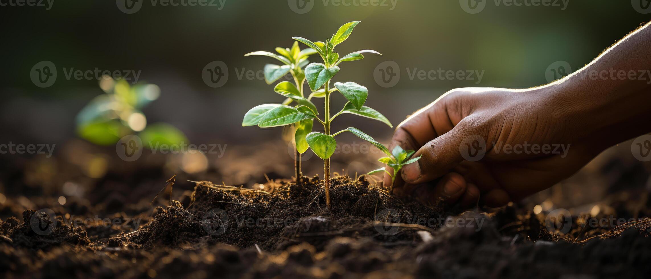 AI generated Elderly Hands Planting Basil Seedling photo