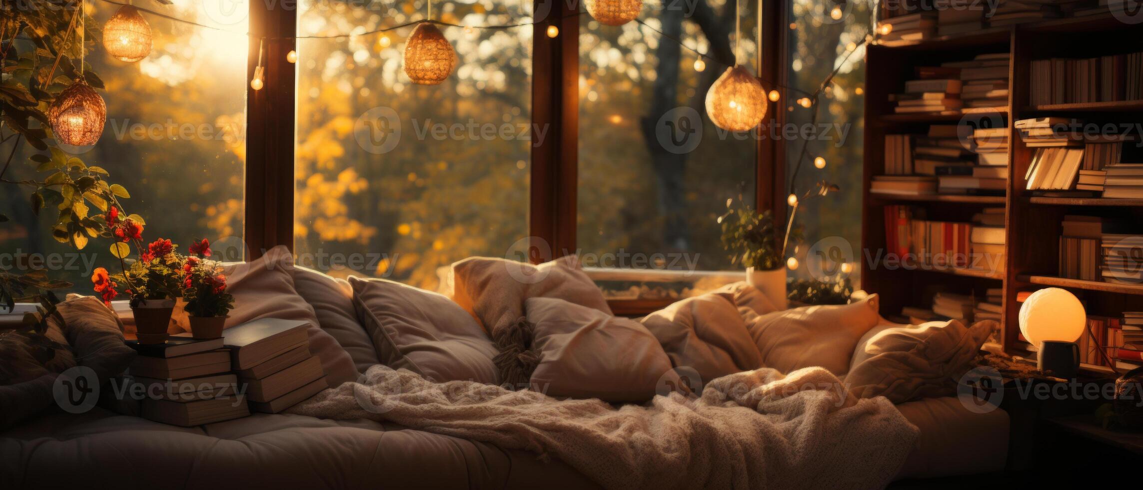 AI generated Cozy Reading Nook at Golden Hour photo