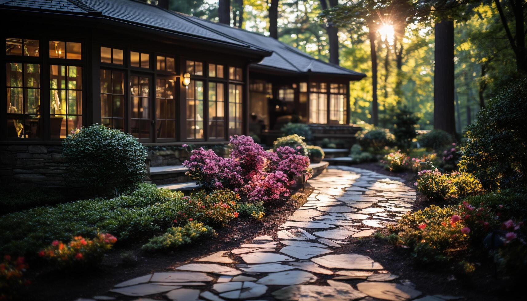 AI generated Outdoors, nature, flower, footpath, plant, summer, tree, grass generated by AI photo