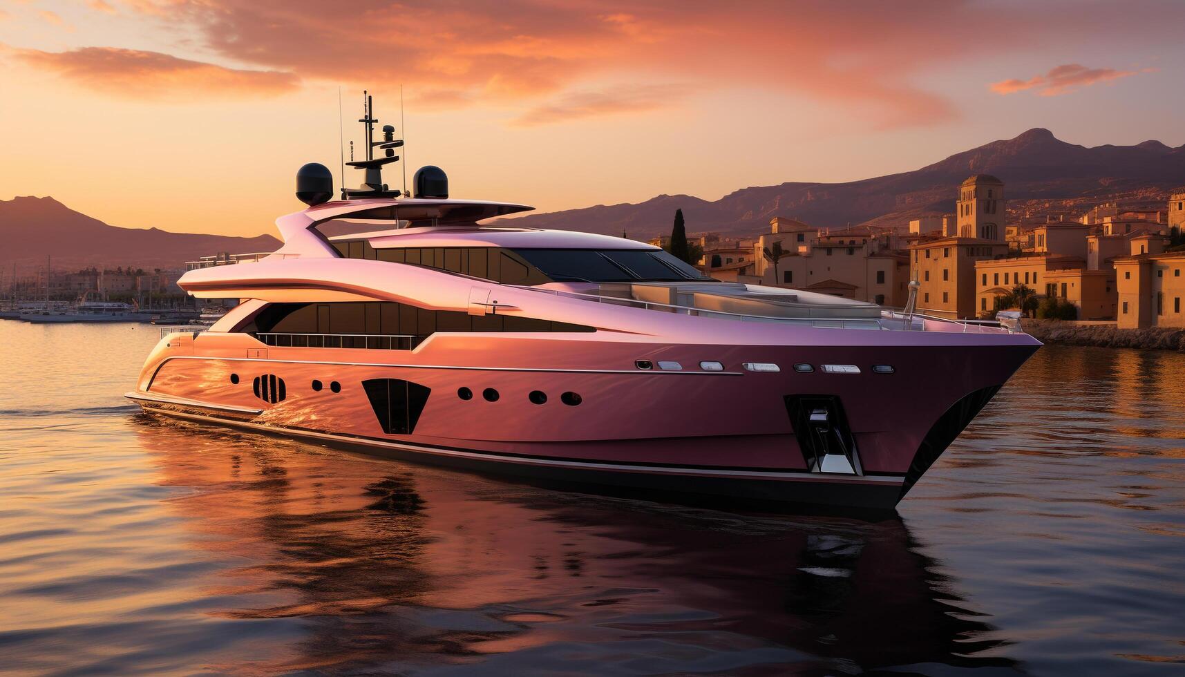 AI generated Luxury yacht sails at dusk, reflecting on water generated by AI photo