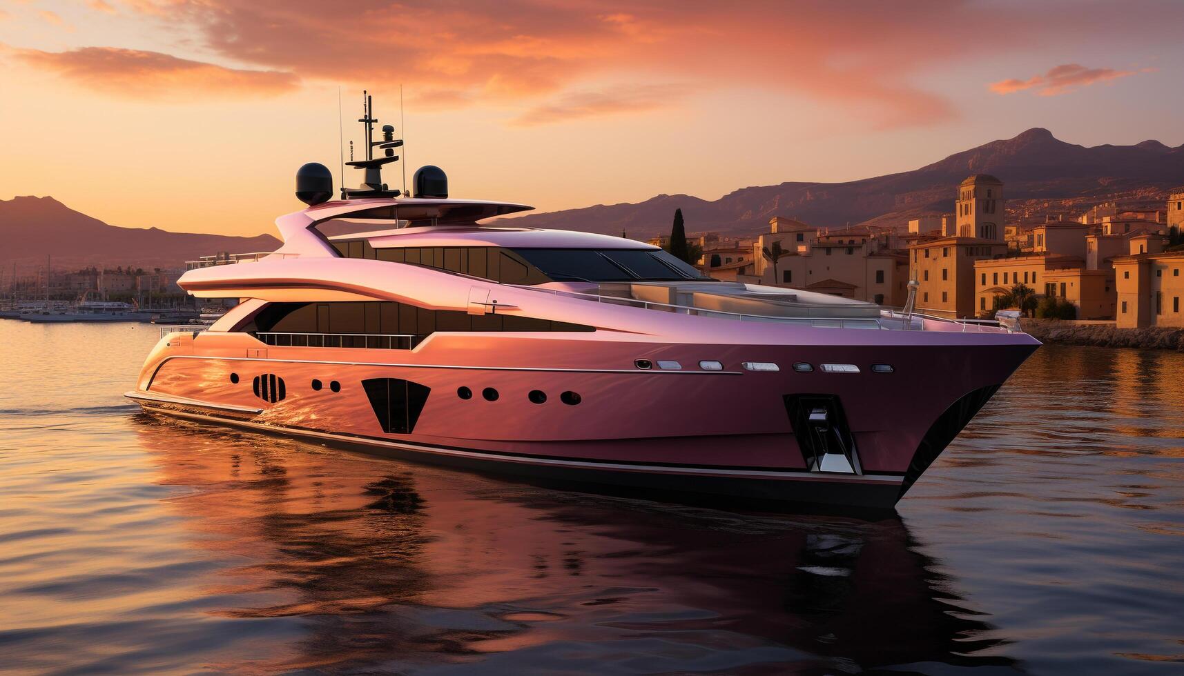 AI generated Luxury yacht sails at dusk, reflecting on water generated by AI photo