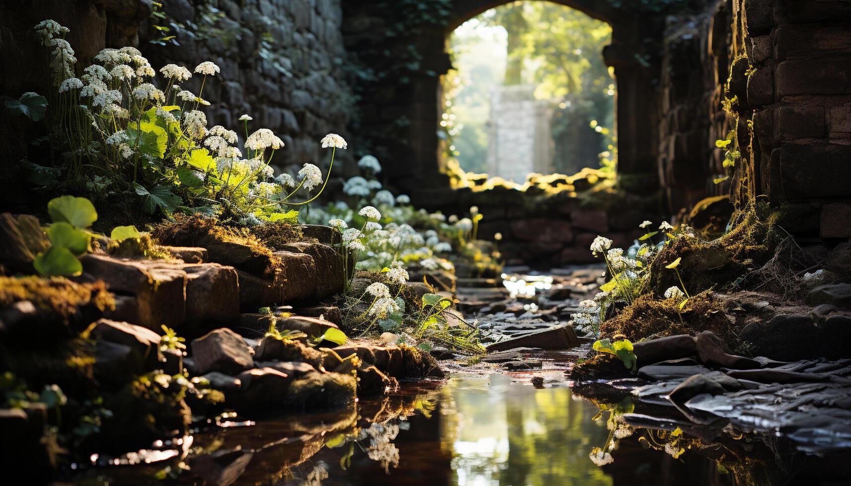 ai generado antiguo restos reflejar historia en tranquilo verde paisaje generado por ai foto