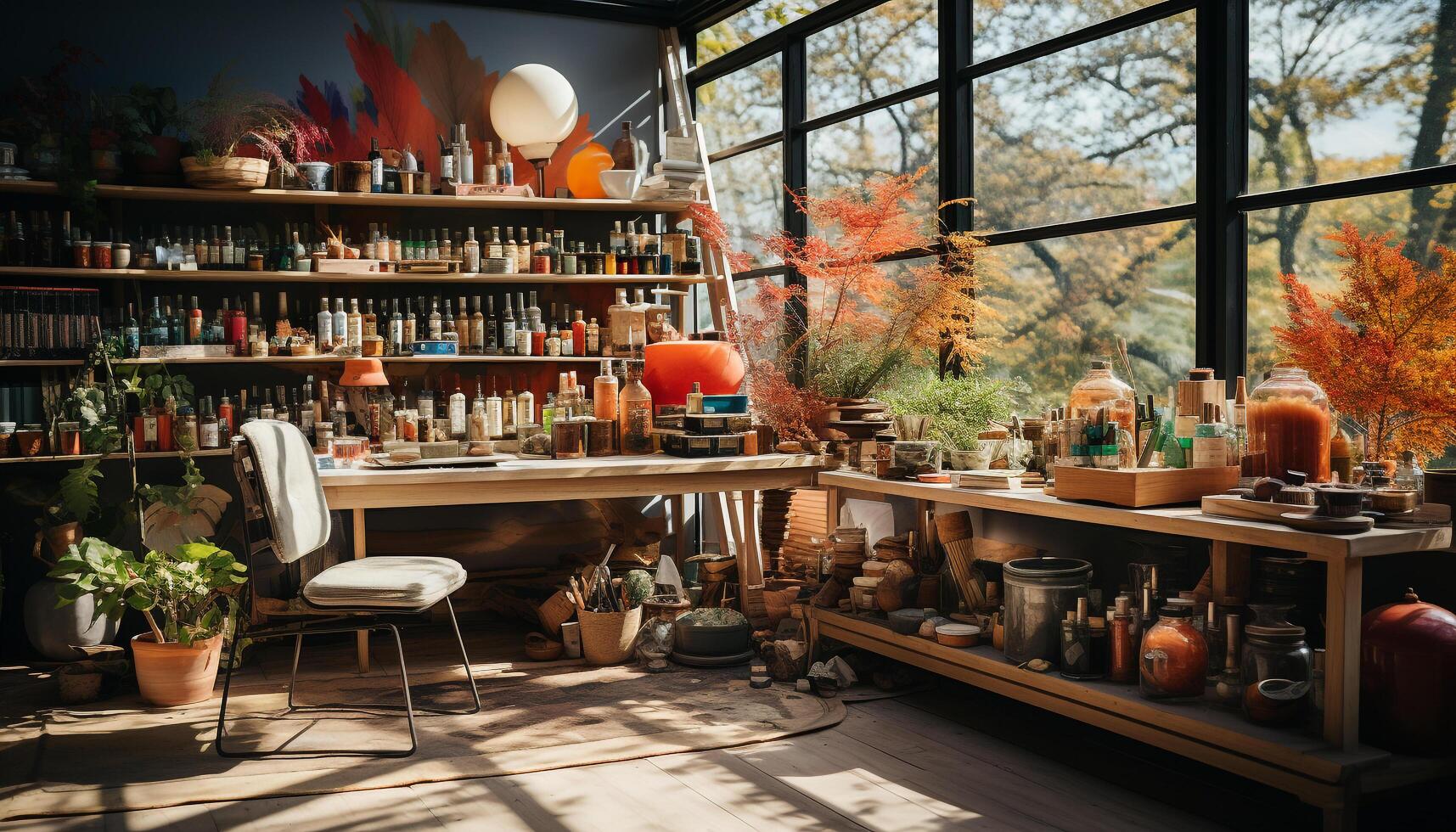 AI generated Wooden shelf with wine bottles, glasses, and decorations generated by AI photo