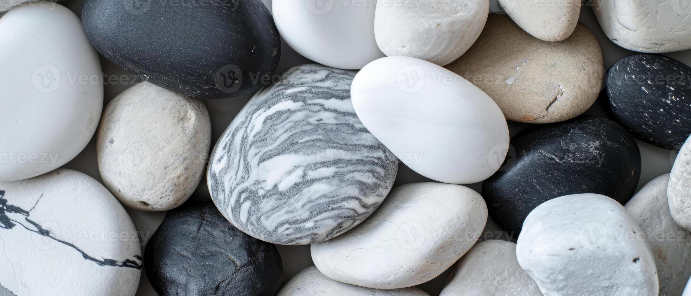AI generated A diverse array of black and white pebbles bathed in natural sunlight photo