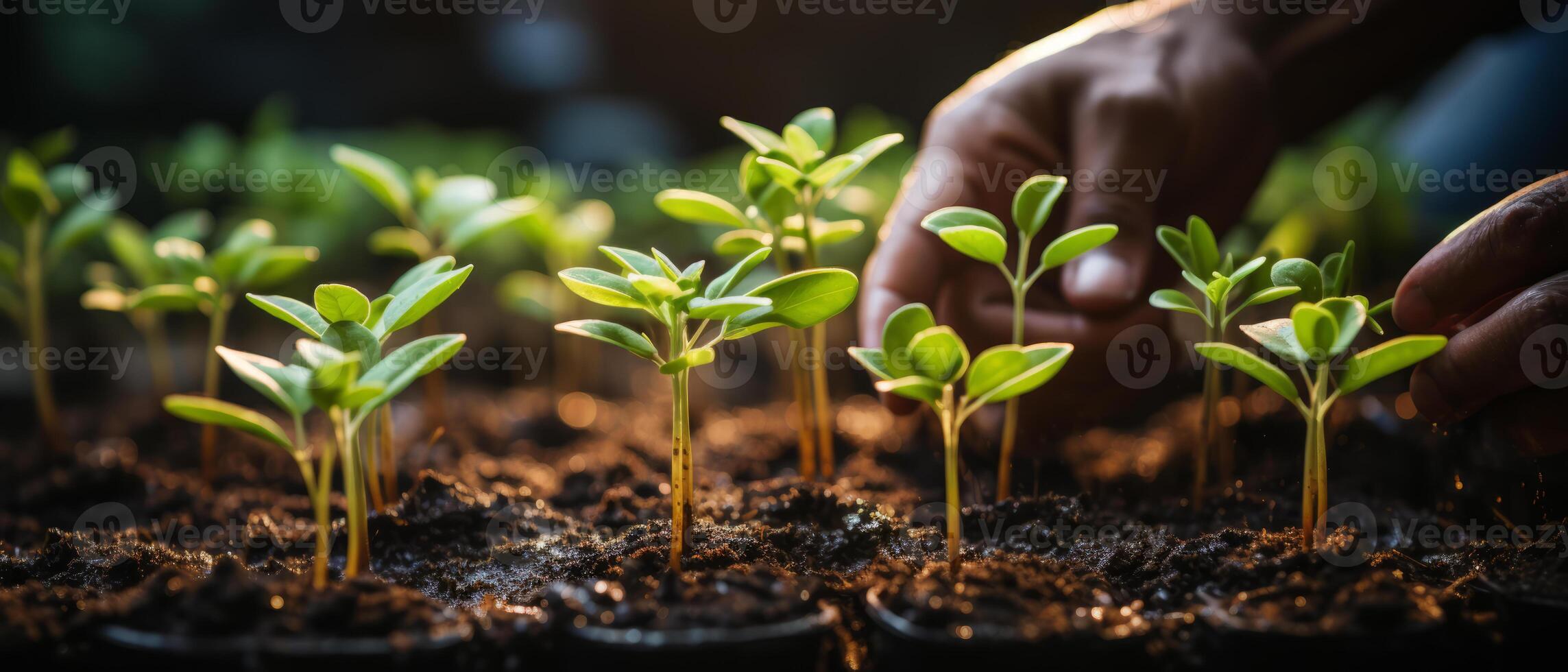 AI generated Sprouting Seedlings in Sunlit Soil photo