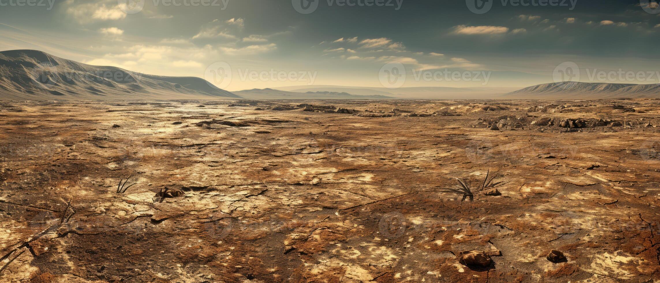 AI generated Desolate landscape with mountains in the far background, devoid of any human presence or activity photo