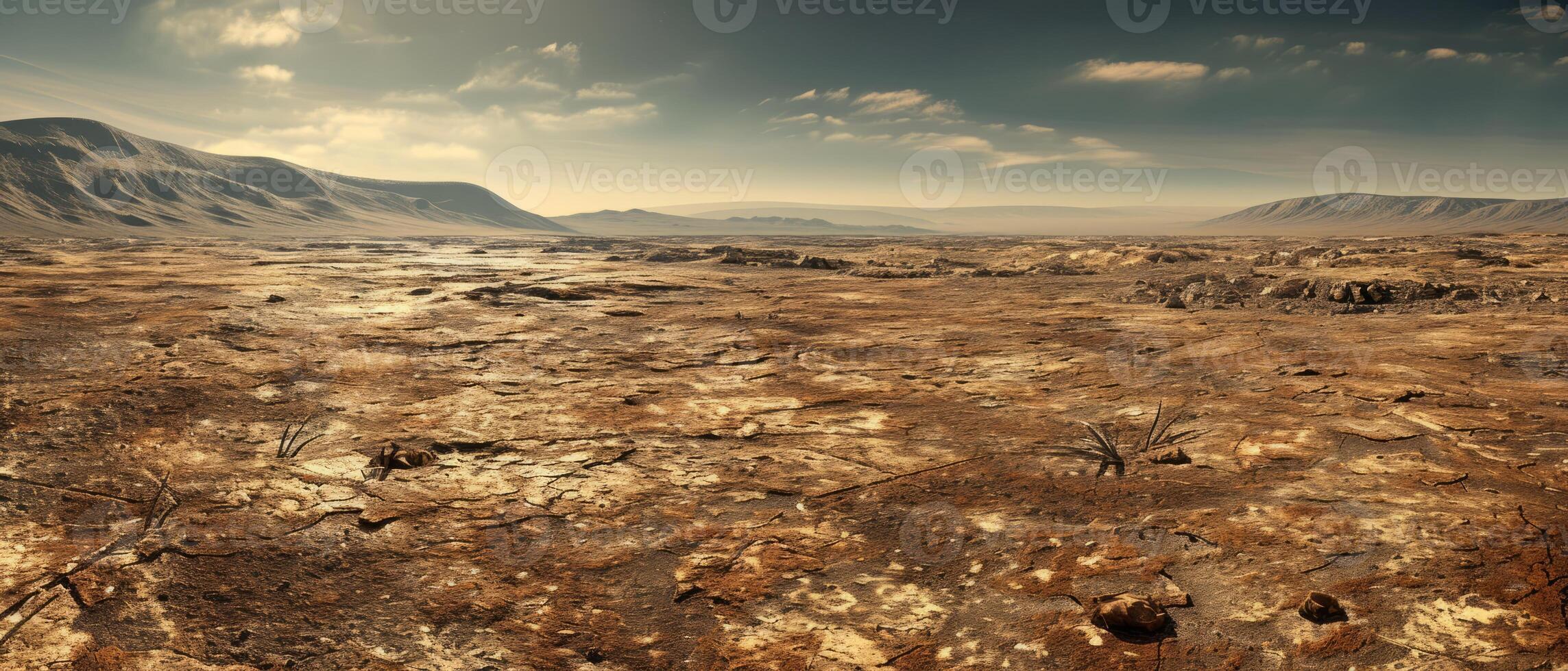 ai generado solitario paisaje con montañas en el lejos fondo, vacío de ninguna humano presencia o actividad foto