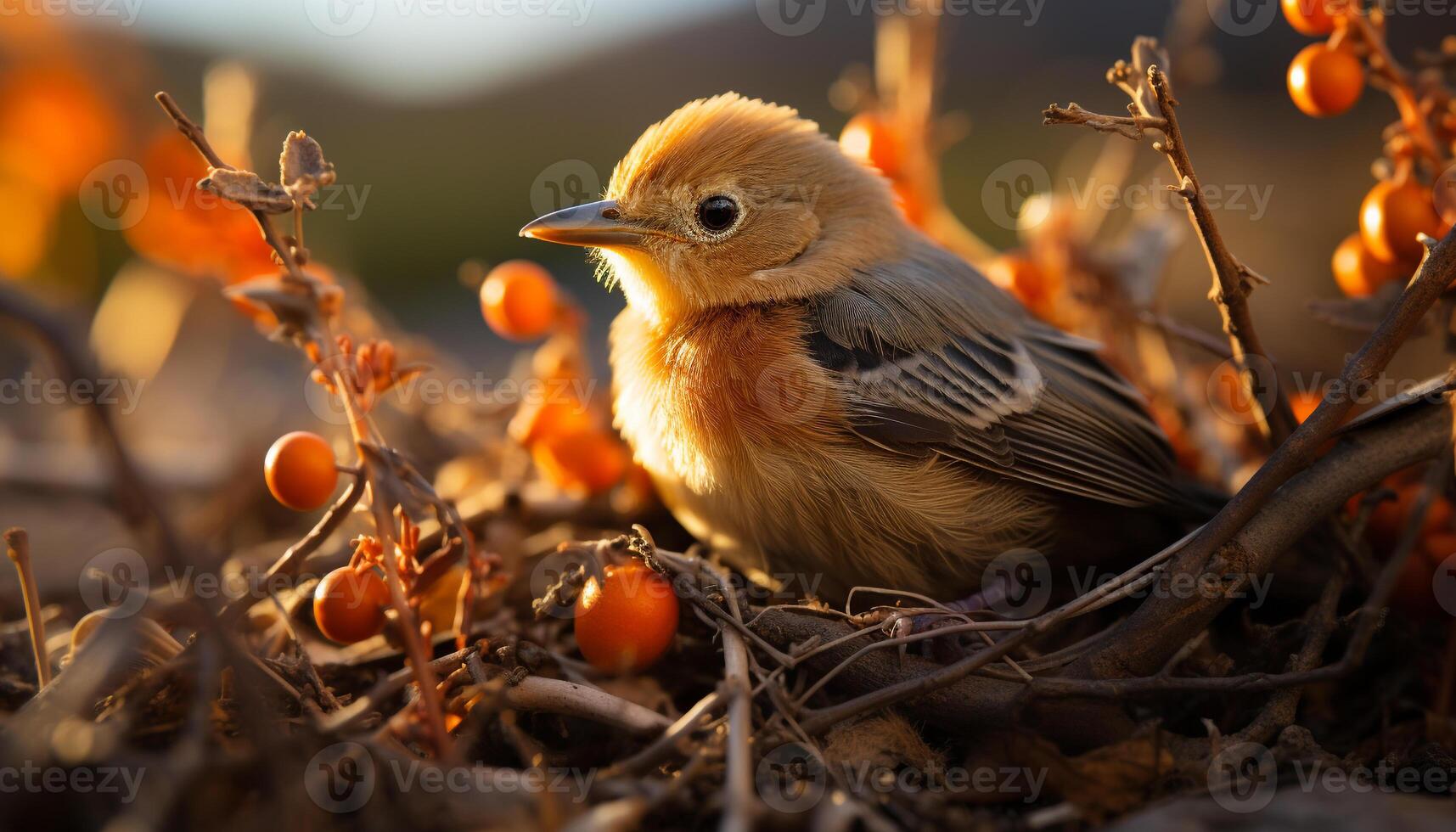 AI generated Cute yellow bird perching on branch, eating twig generated by AI photo