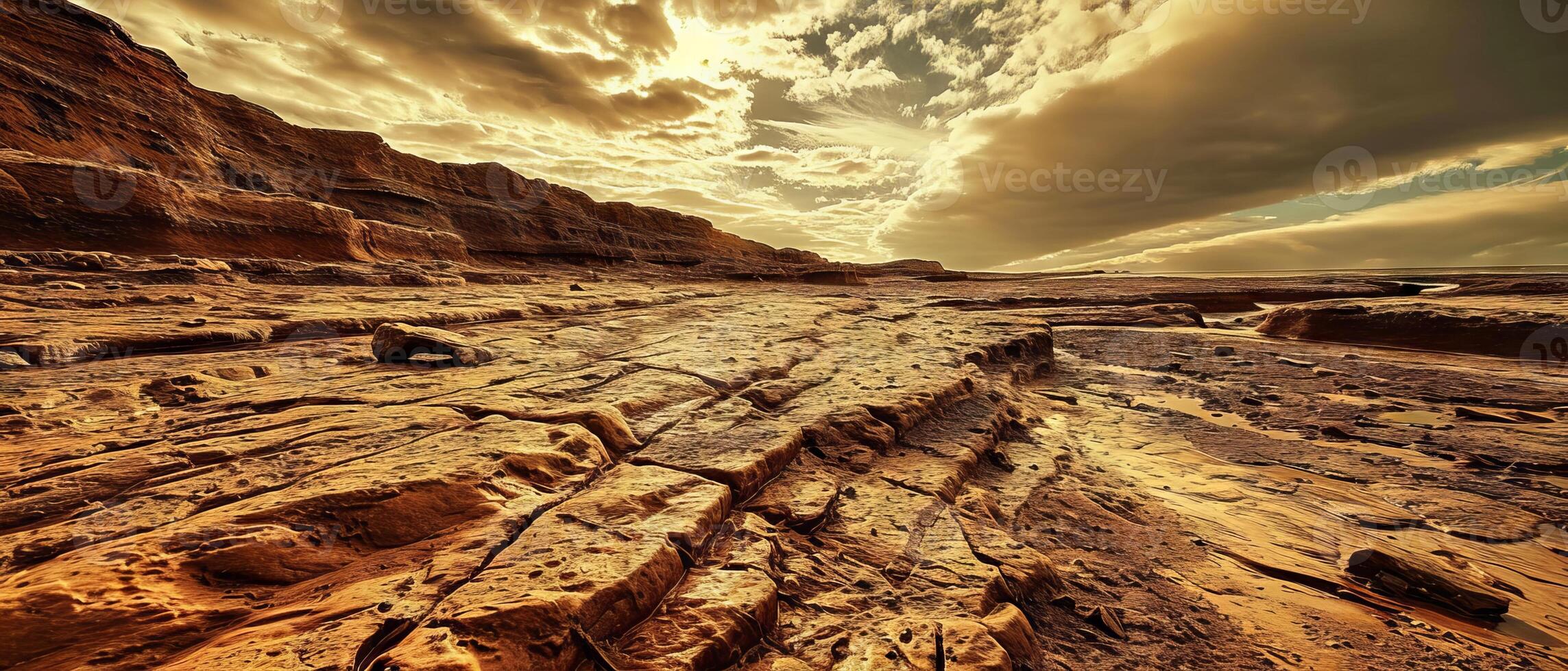 AI generated Rocky Landscape With Rocks and Water Under a Cloudy Sky photo