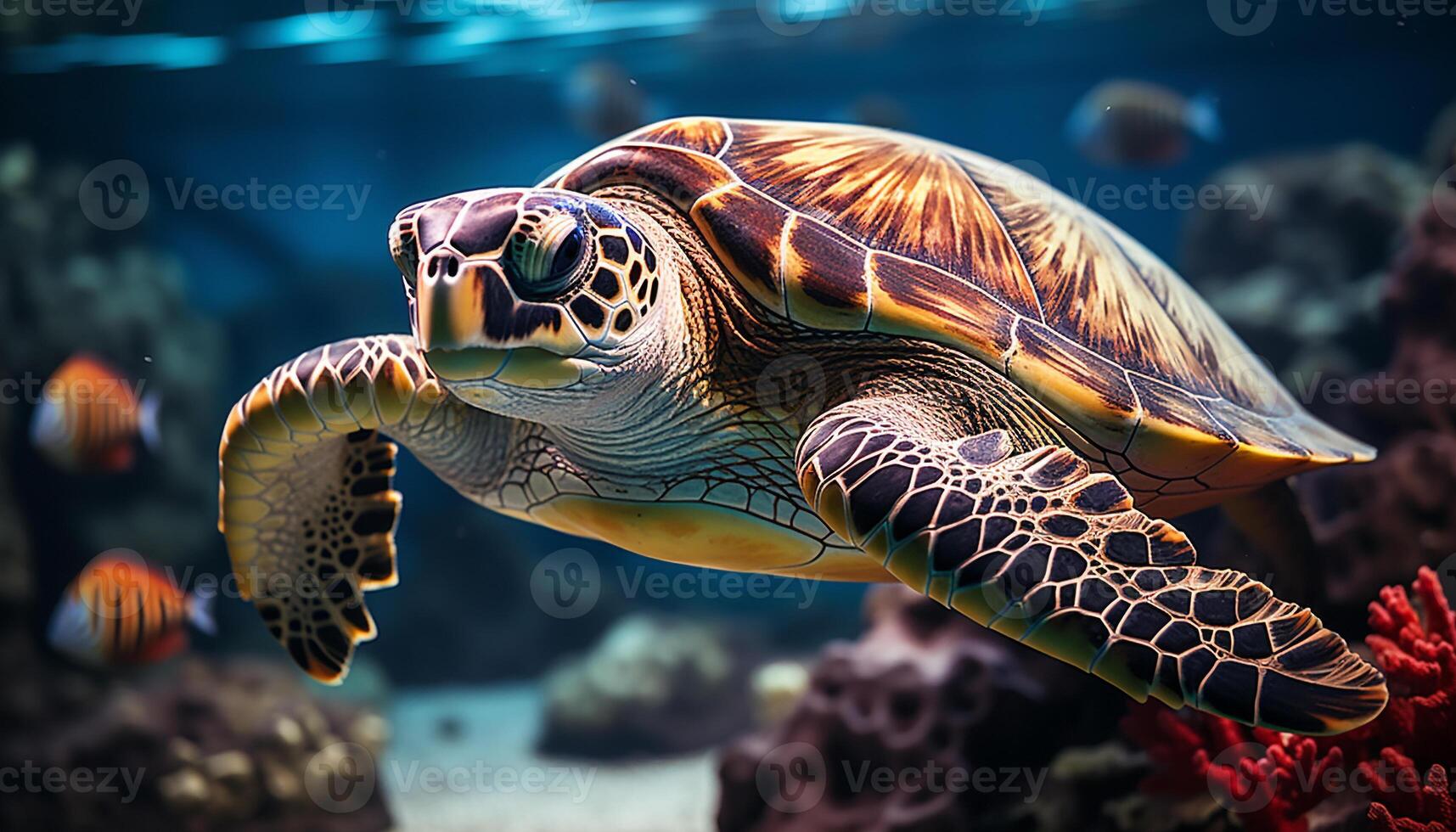 AI generated Underwater turtle swimming in the colorful coral reef generated by AI photo