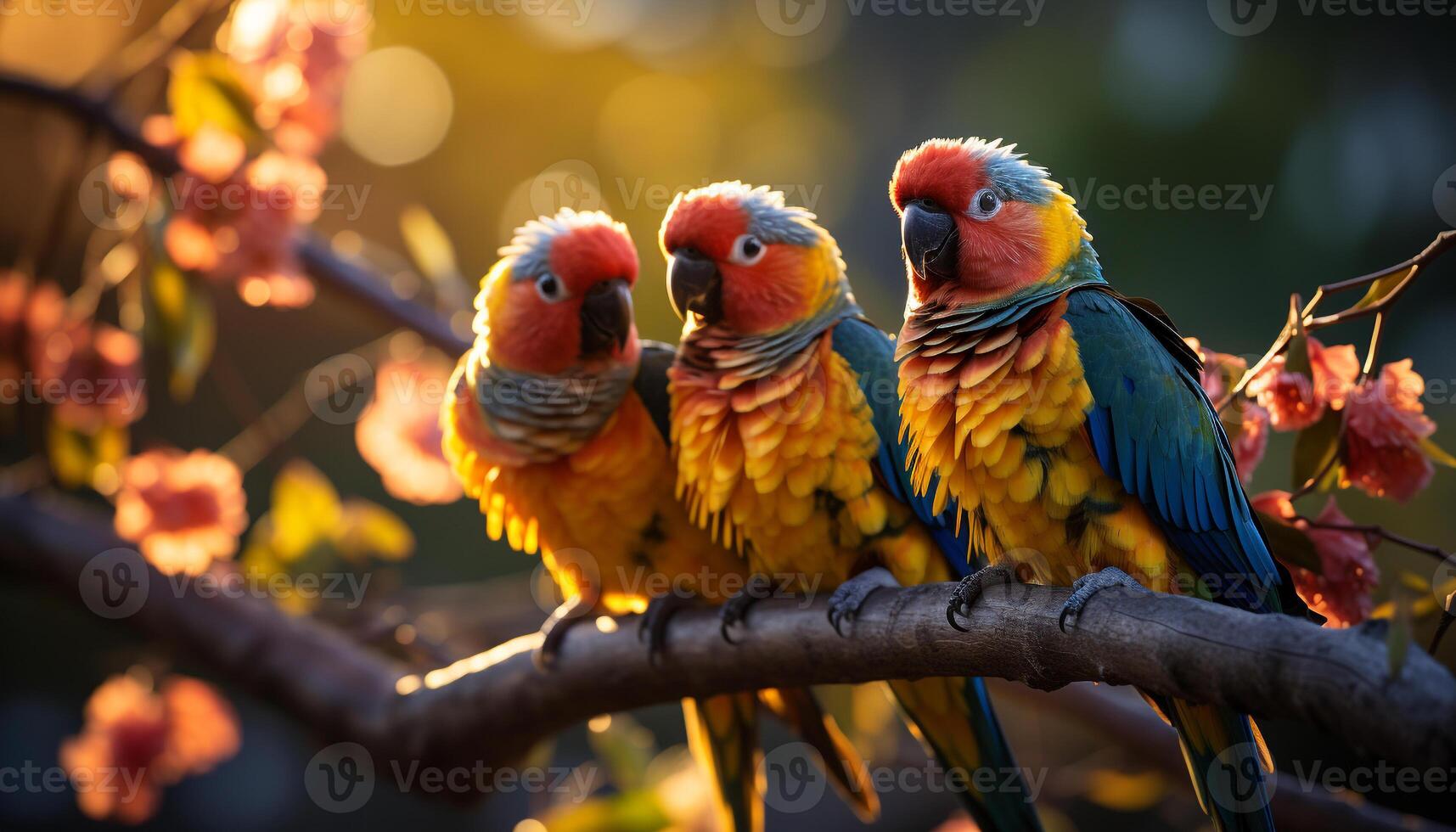 AI generated Colorful macaw perched on branch in tropical forest generated by AI photo