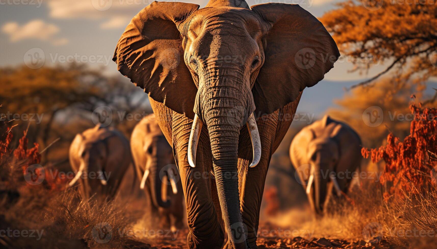 AI generated Large group of African elephants walking in the savannah generated by AI photo
