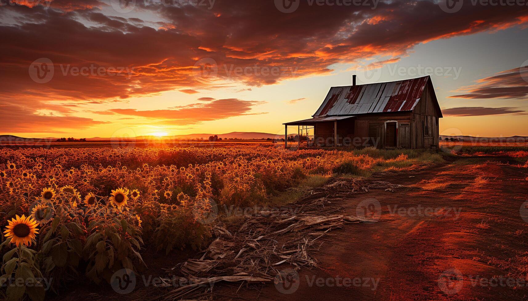 ai generado puesta de sol terminado un rural granja, naturaleza belleza generado por ai foto