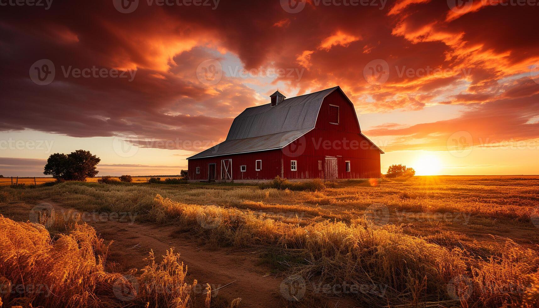 AI generated Rustic farmhouse in tranquil sunset, surrounded by nature generated by AI photo