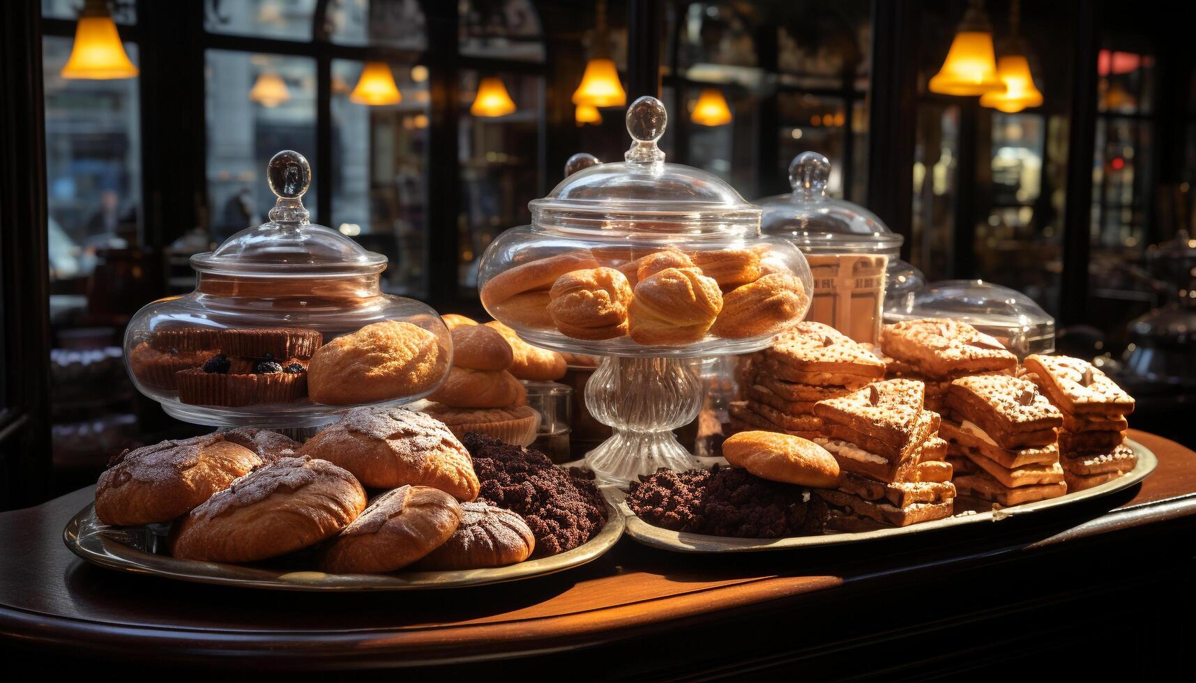 AI generated Freshly baked croissant on wooden table with coffee generated by AI photo