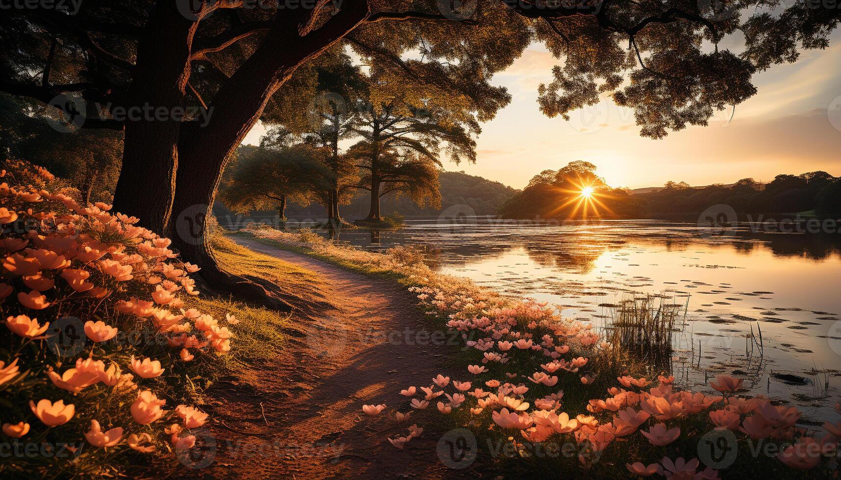 AI generated Tranquil scene of sunset over green meadow generated by AI photo
