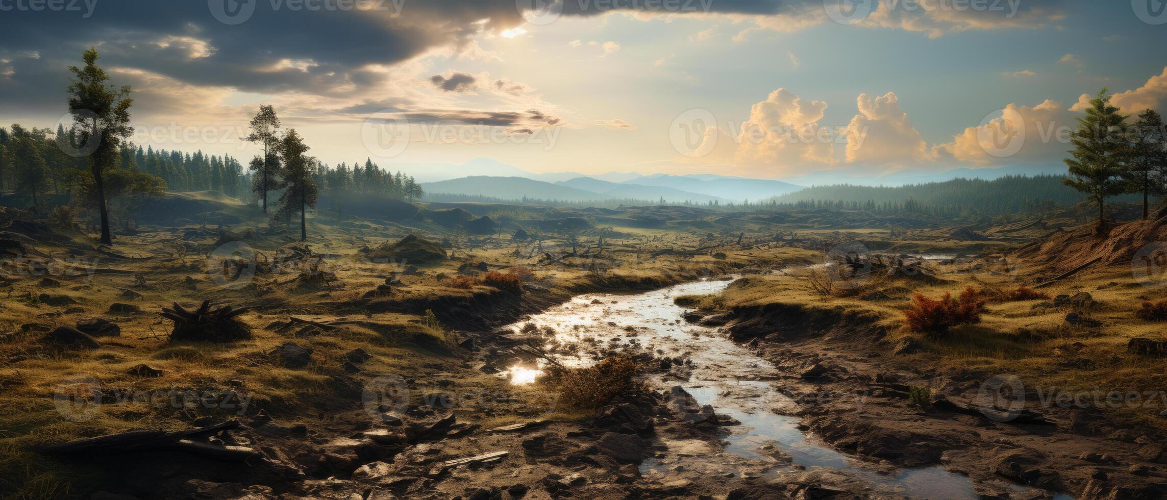 ai generado sereno post-lluvia pantanal a puesta de sol foto