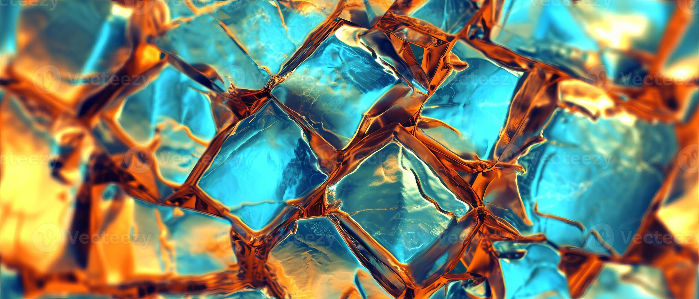 AI generated A vibrant close-up of glass-like textures with golden and turquoise hues, resembling ice or mineral formations photo