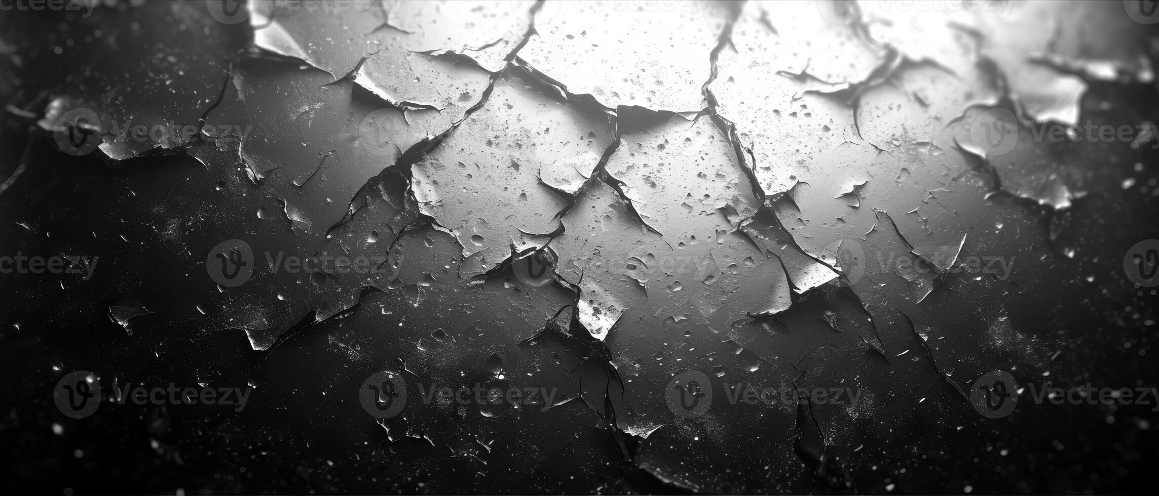 AI generated Black and white image of broken glass shards, reflecting a concept of fragility, destruction, or abstract art photo