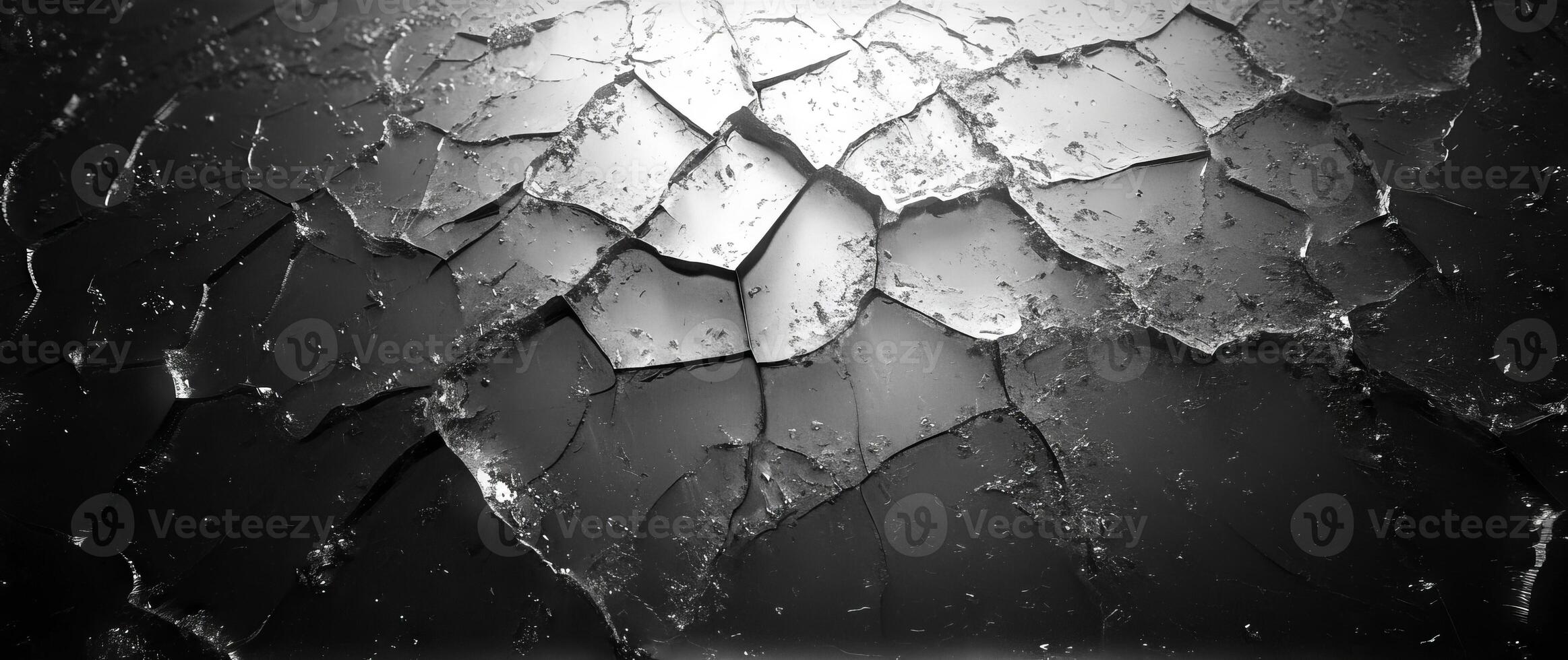 AI generated Black and white image of broken glass shards, reflecting a concept of fragility, destruction, or abstract art photo