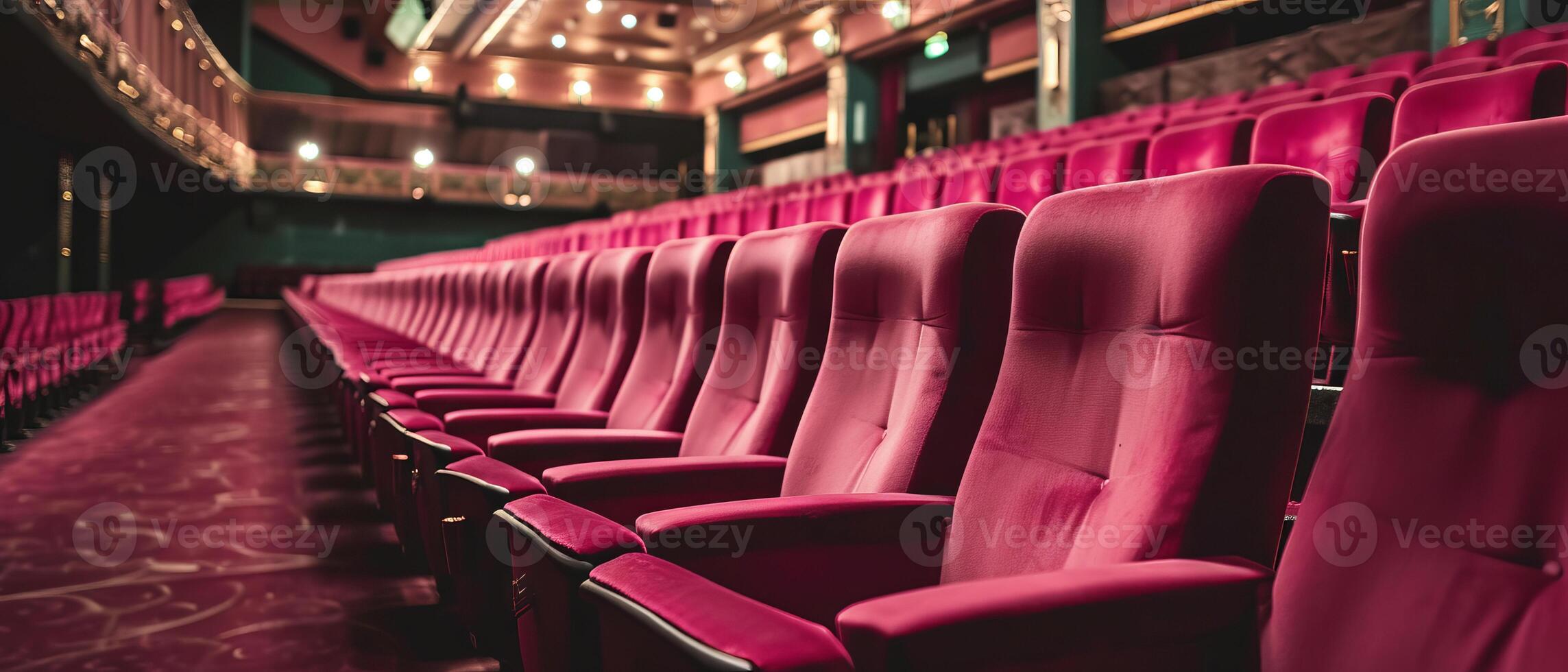 AI generated Empty cinema hall with rows of plush pink seats photo