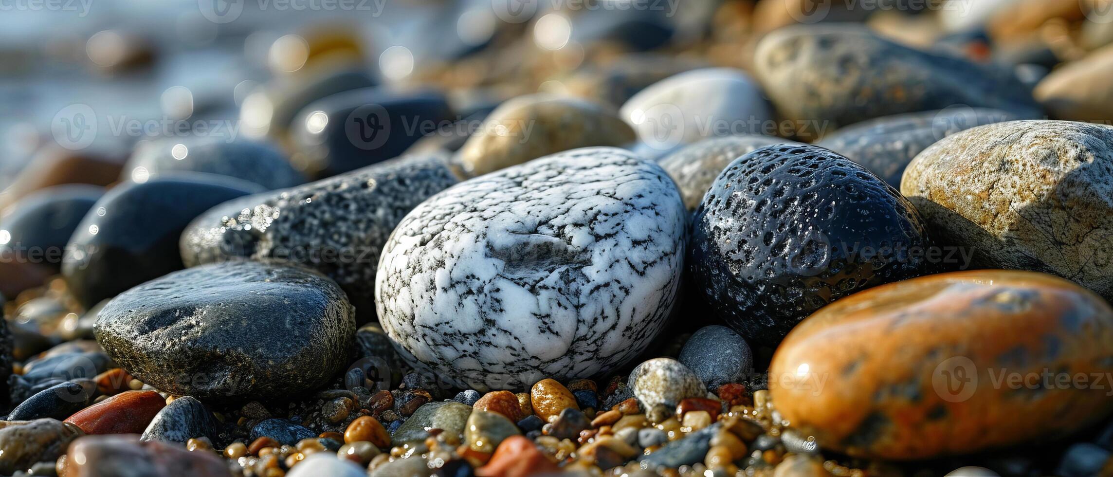 AI generated Varied pebbles gleaming in sunlight by the sea photo