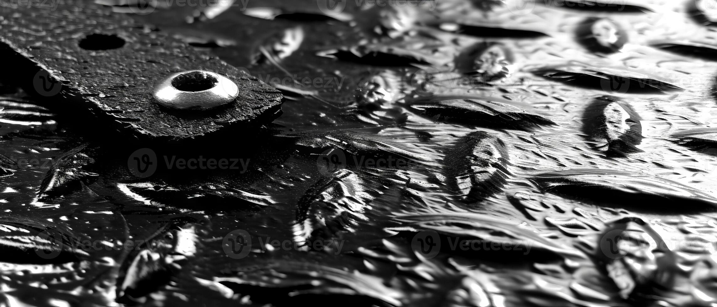 AI generated Macro shot of glistening water droplets on a textured black perforated metal surface photo