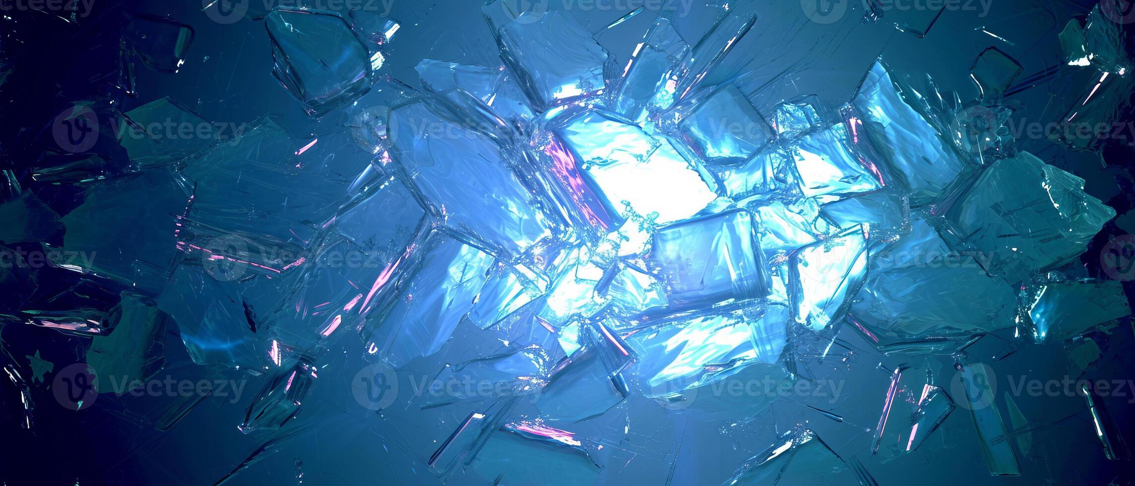 AI generated Abstract background of broken glass pieces with a spectrum of blue and purple hues reflecting light photo