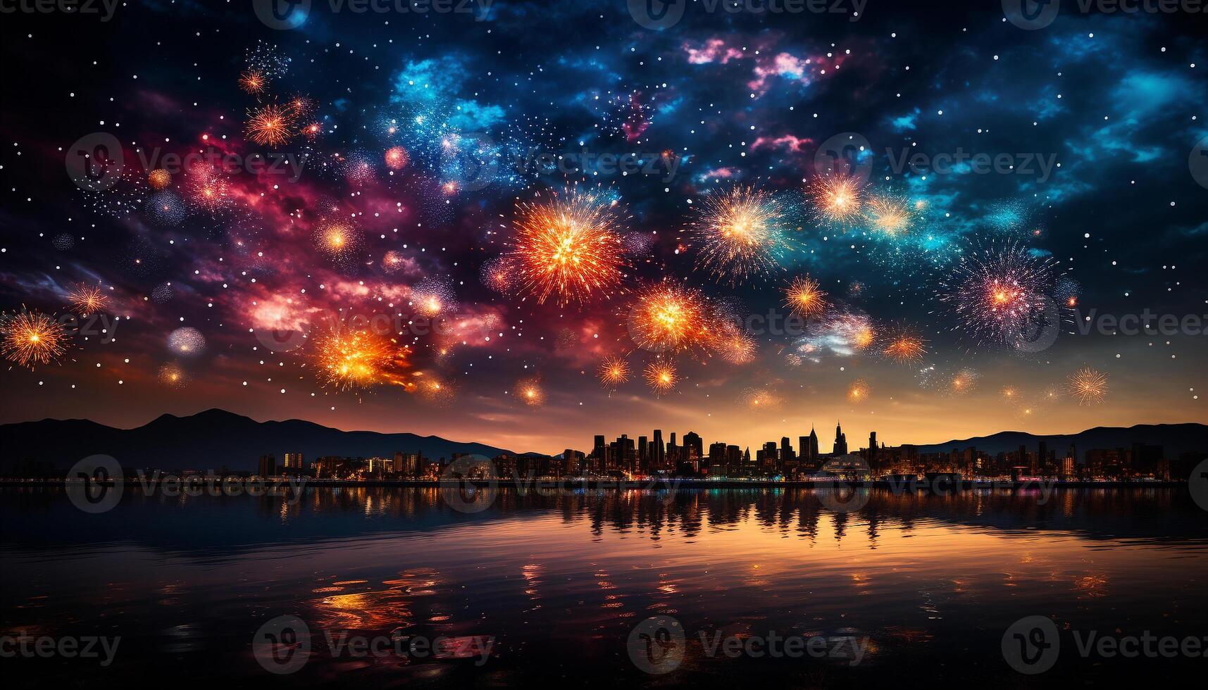 AI generated Firework display illuminates the night sky in Vancouver generated by AI photo