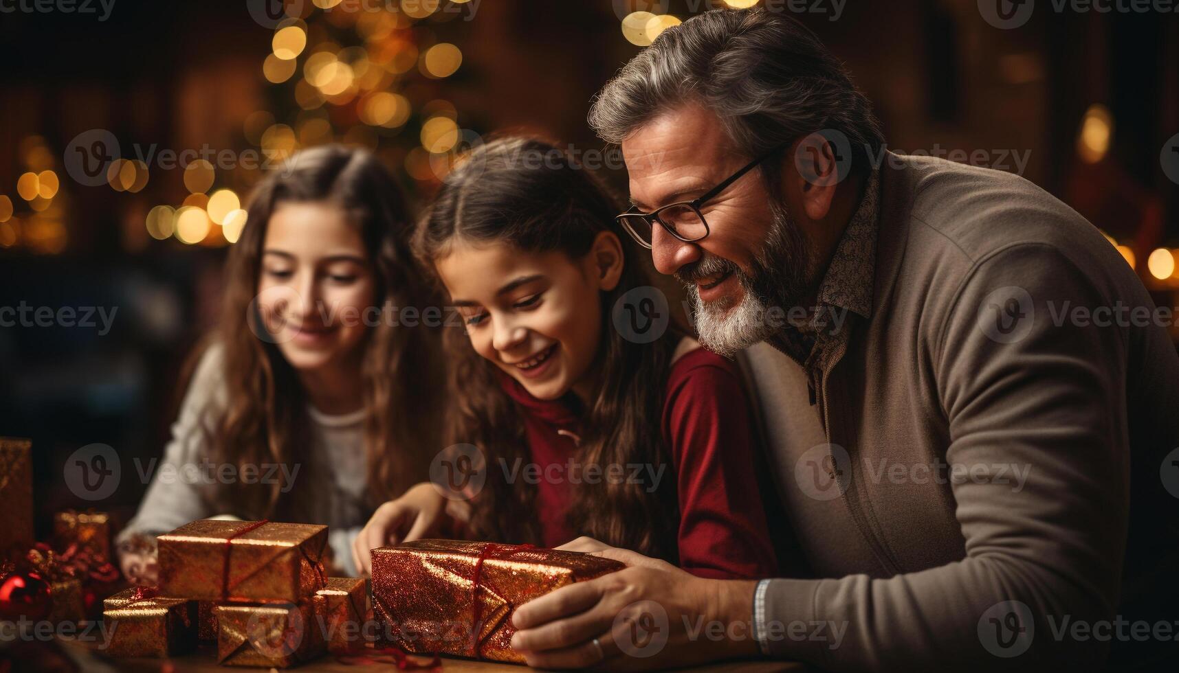 AI generated Family sitting together, smiling, enjoying Christmas decorations generated by AI photo