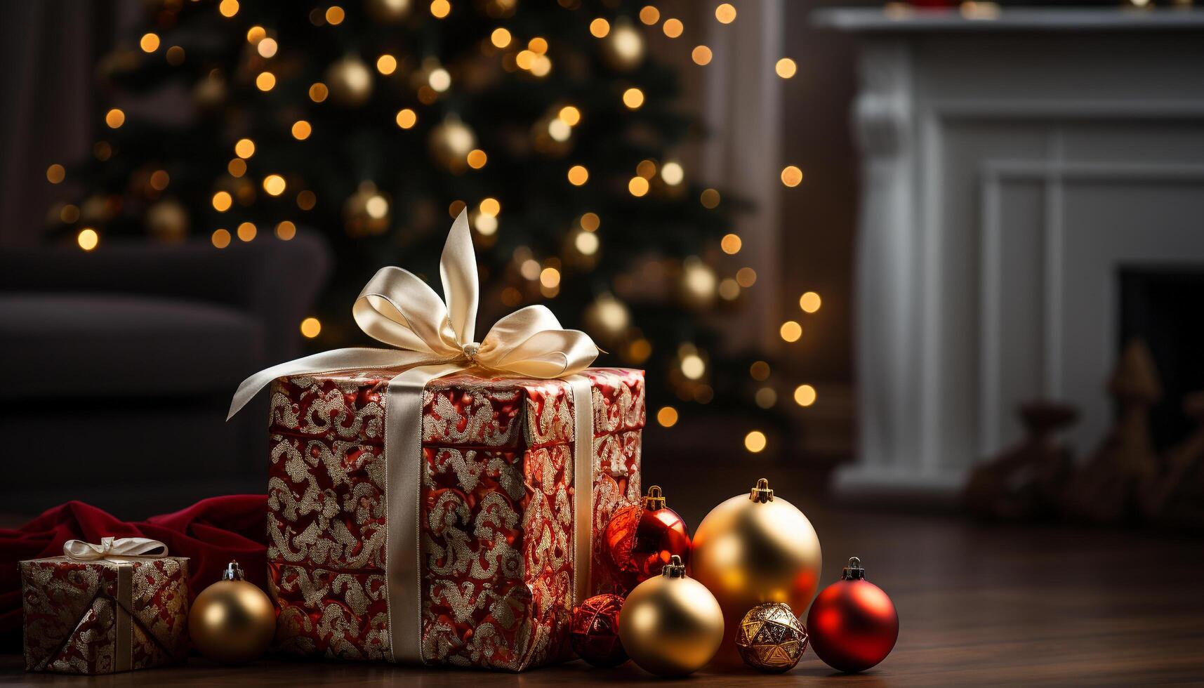 AI generated Shiny gold Christmas ornament illuminates winter celebration generated by AI photo