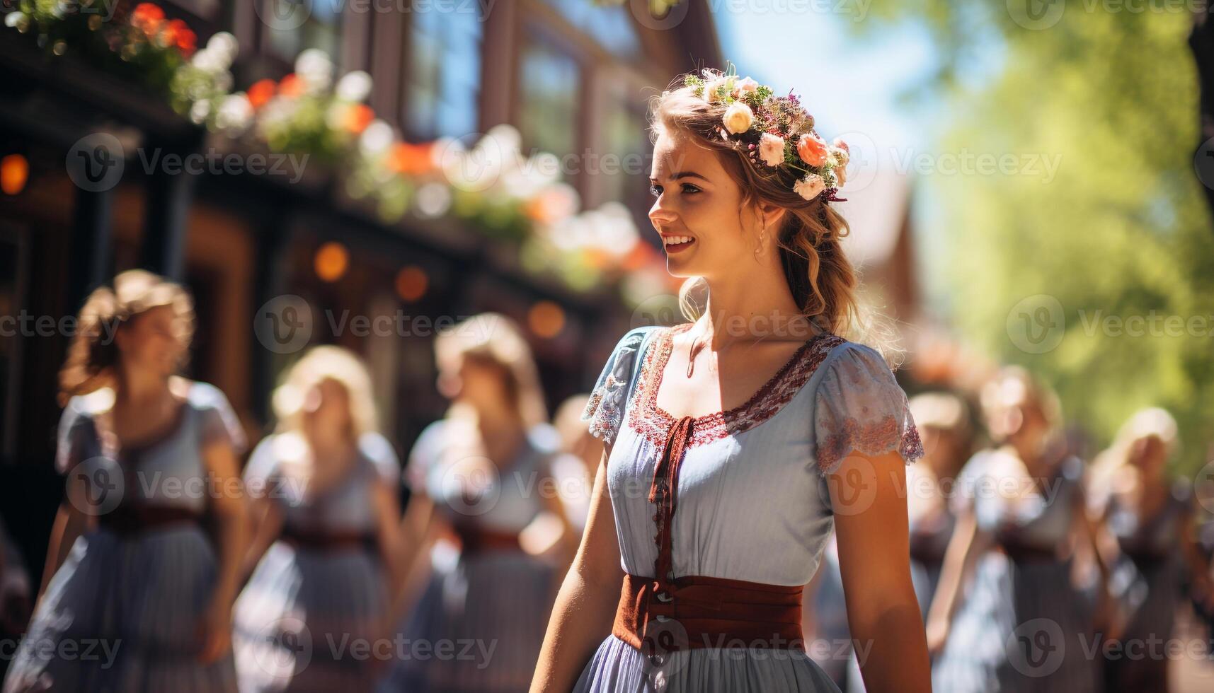 ai generado joven mujer sonriente, disfrutando verano, en hermosa vestidos generado por ai foto