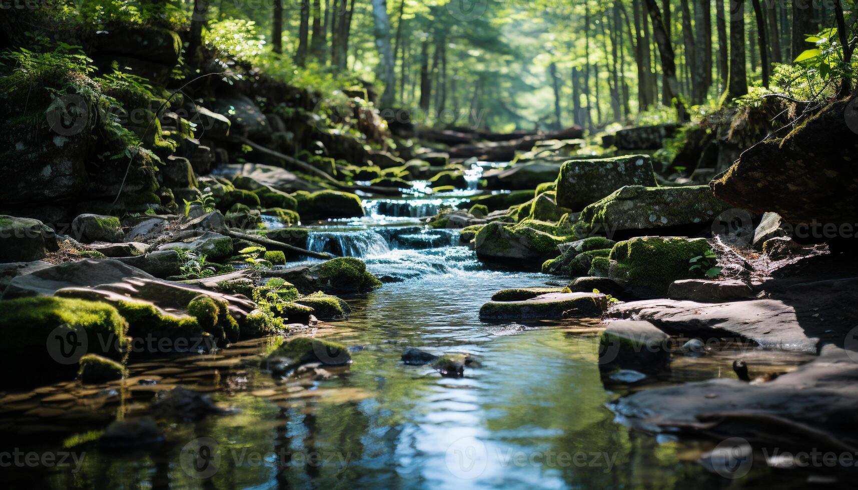 ai generado tranquilo escena de un verde bosque reflejando luz de sol generado por ai foto