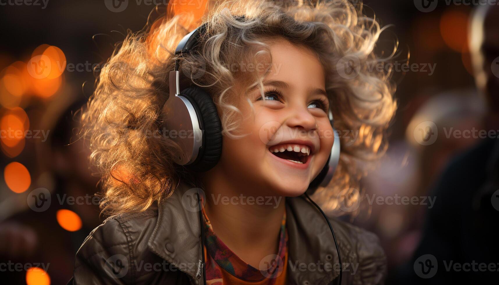 AI generated Smiling girl enjoying outdoor party, listening to music generated by AI photo