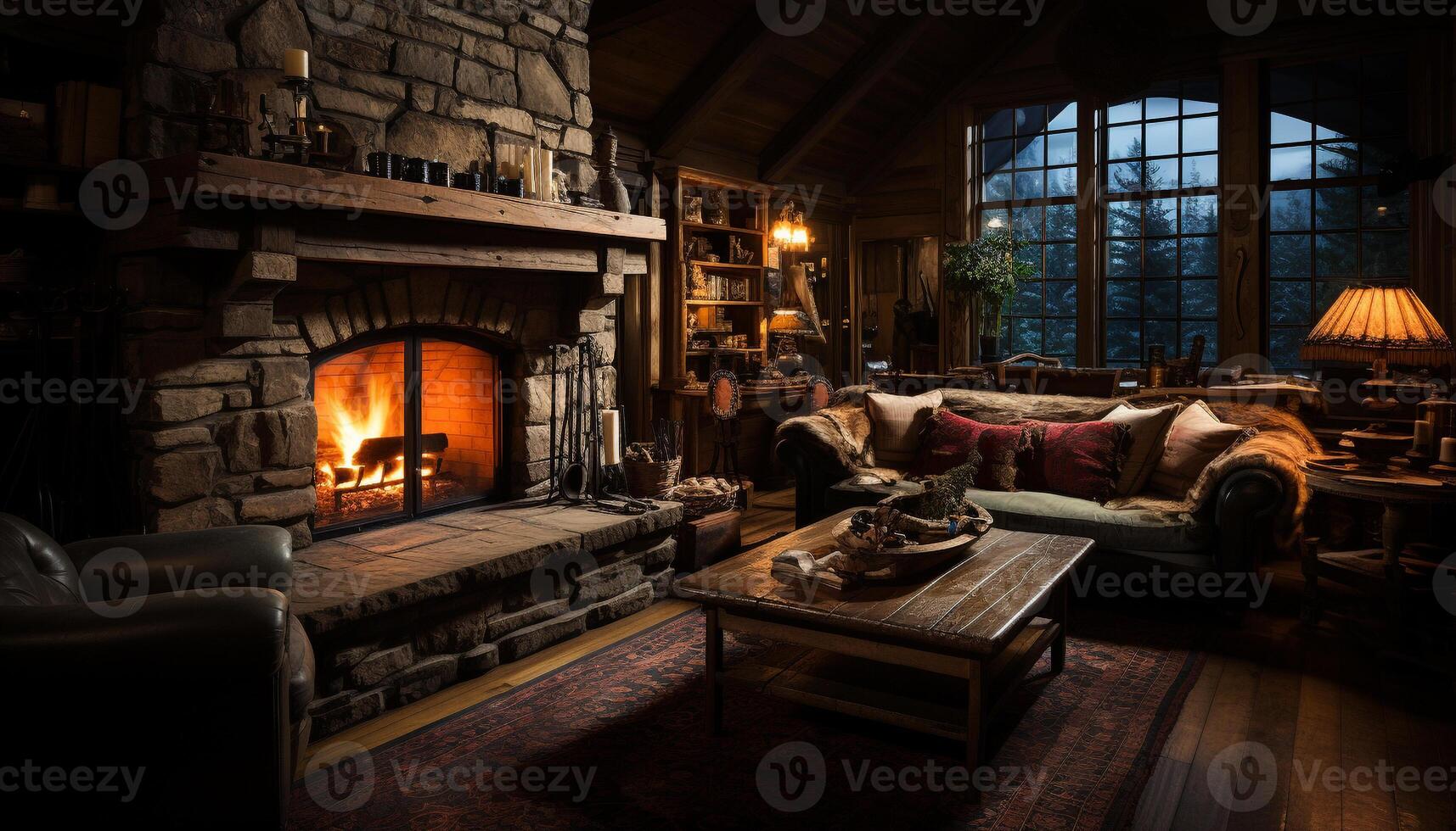 AI generated Cozy living room with comfortable sofa and fireplace generated by AI photo