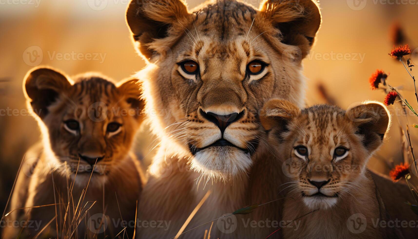 AI generated Lioness and cub walking in African wilderness generated by AI photo