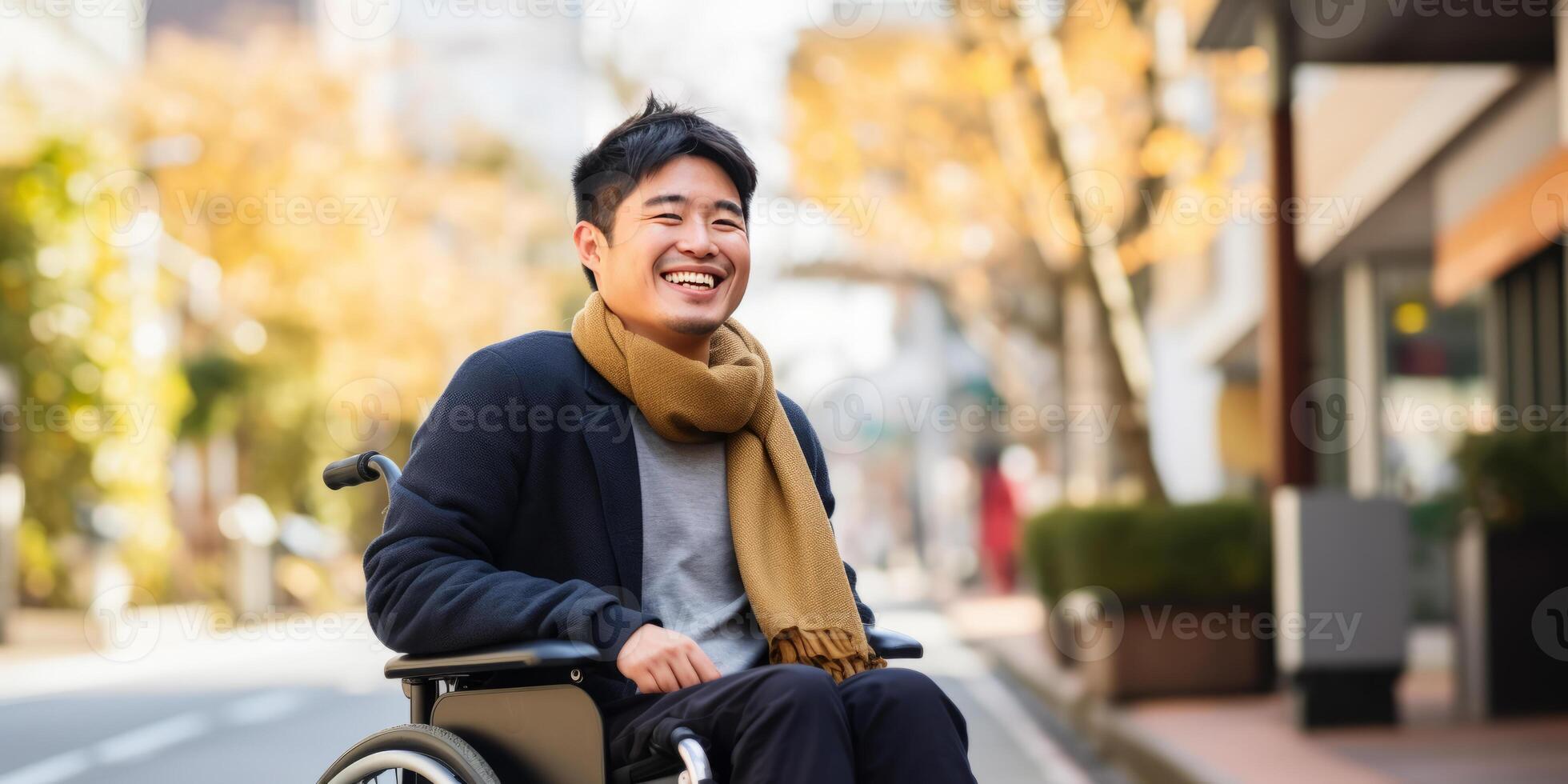 ai generado confidente hombre en silla de ruedas al aire libre foto