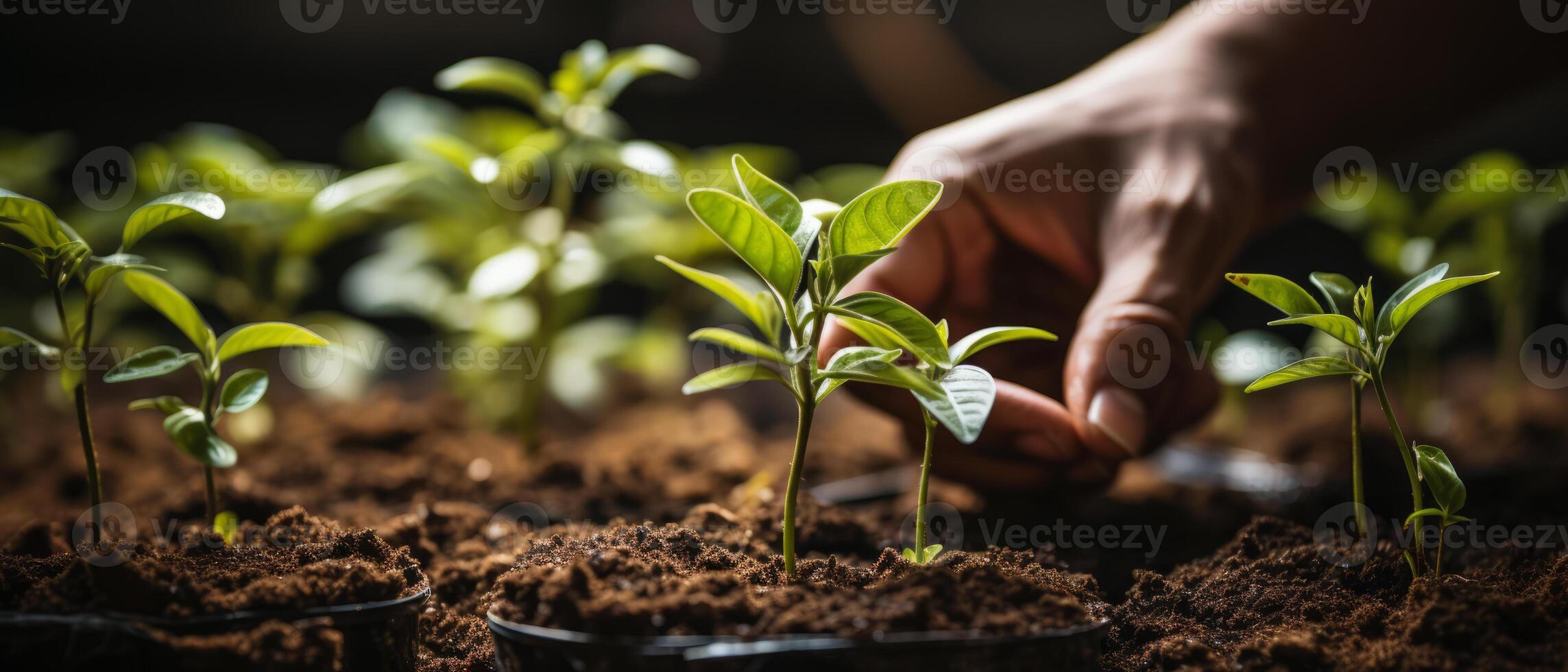 AI generated Sprouting Seedlings in Sunlit Soil photo