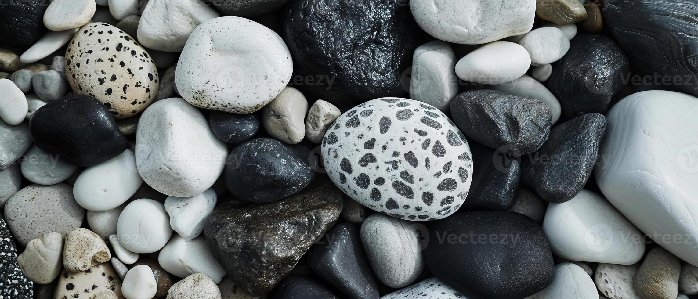 AI generated A diverse collection of patterned pebbles in white, gray, and black photo