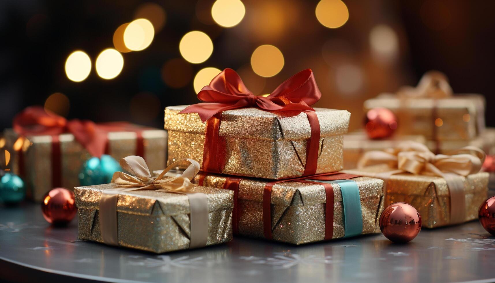 AI generated A glowing gift box wrapped in shiny gold generated by AI photo