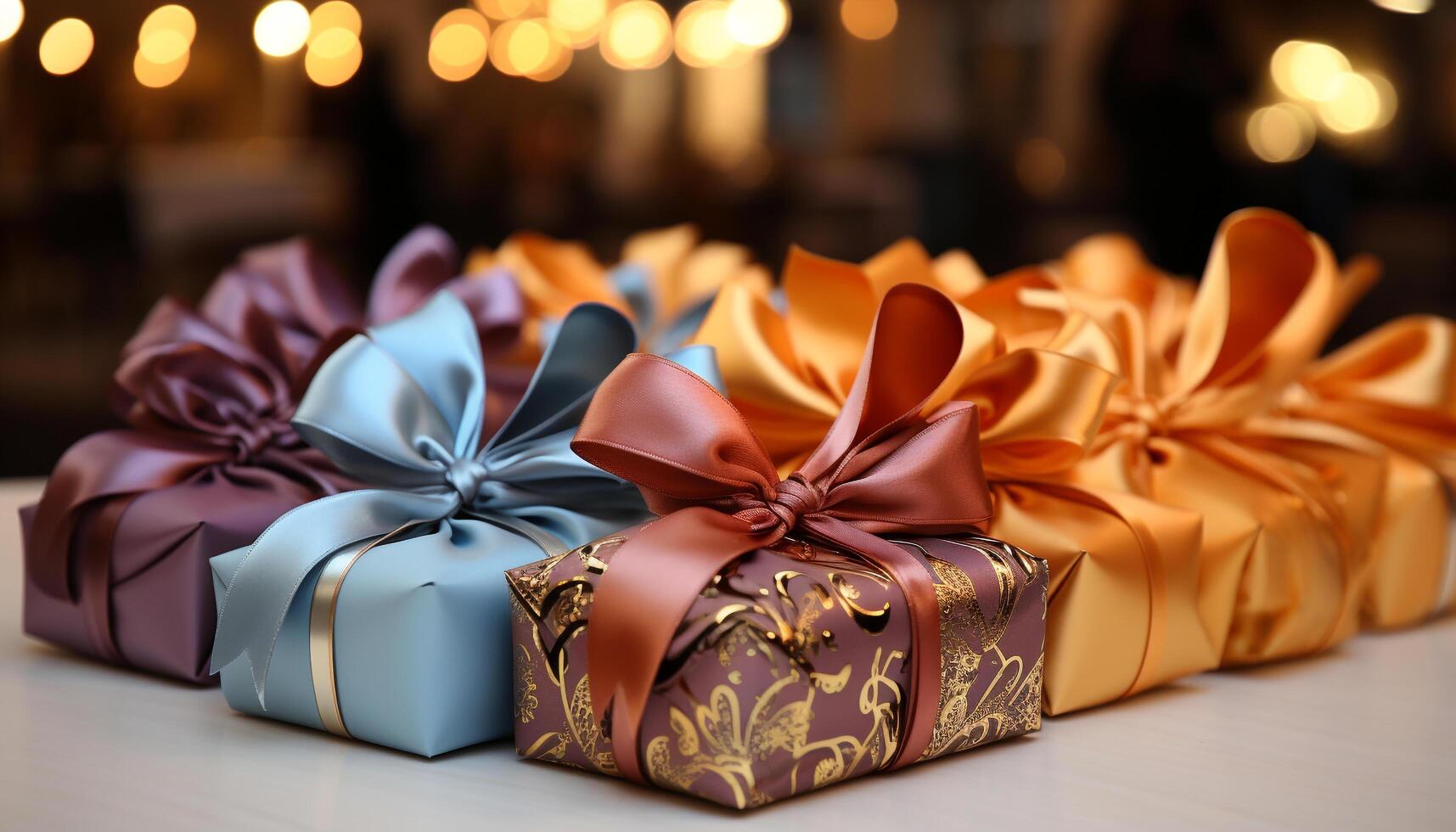 AI generated Stack of shiny gold gift boxes on table generated by AI photo