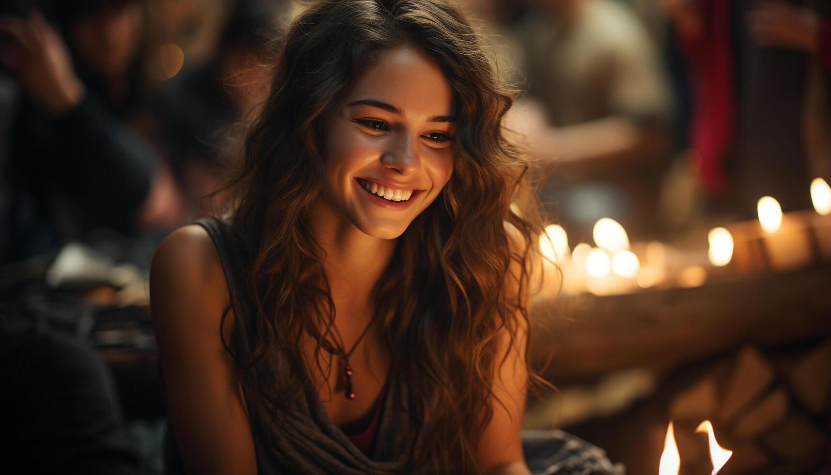 ai generado joven mujer sentado al aire libre, sonriente, disfrutando el noche generado por ai foto