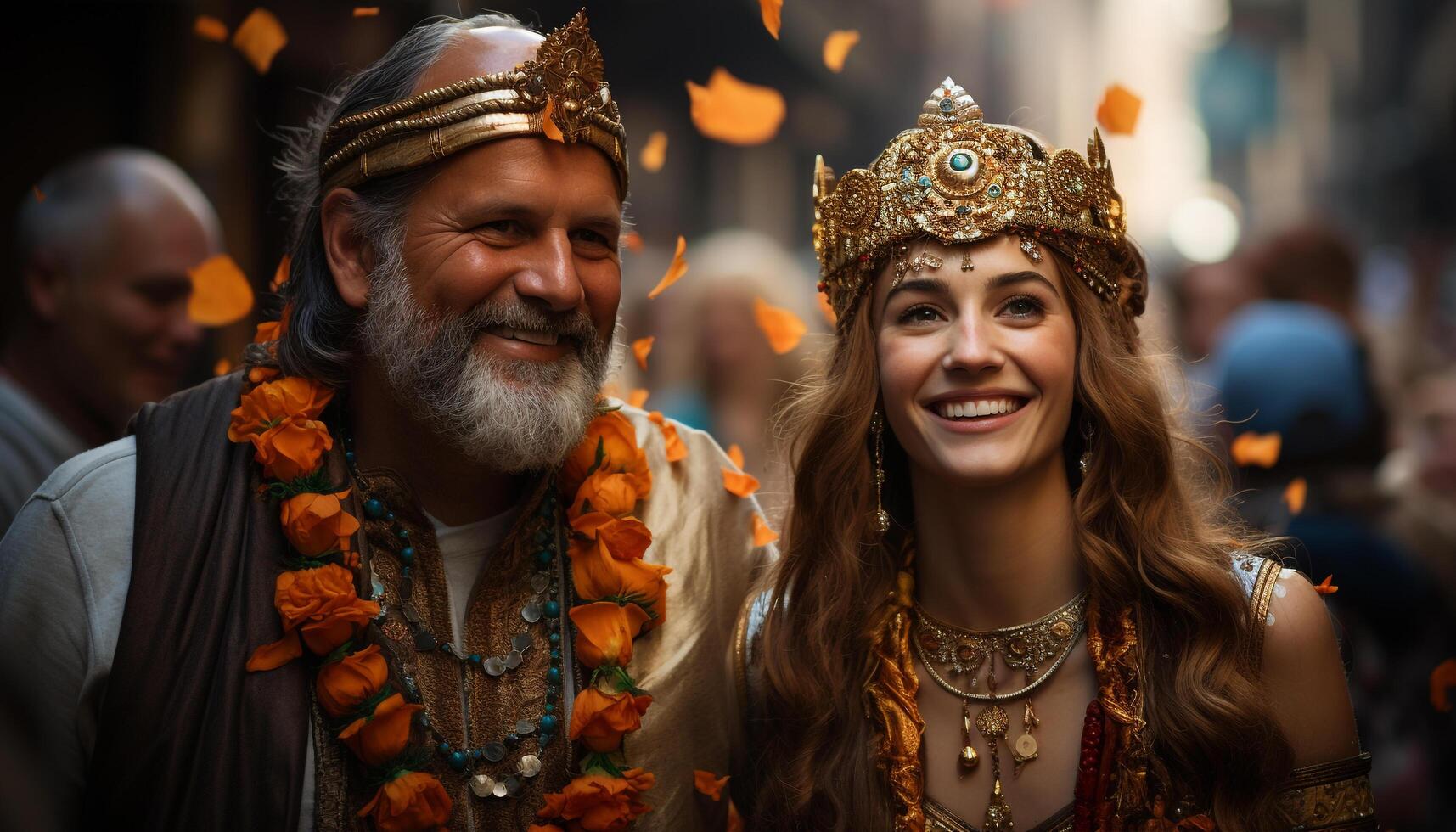 AI generated Smiling men and women celebrate traditional festival generated by AI photo
