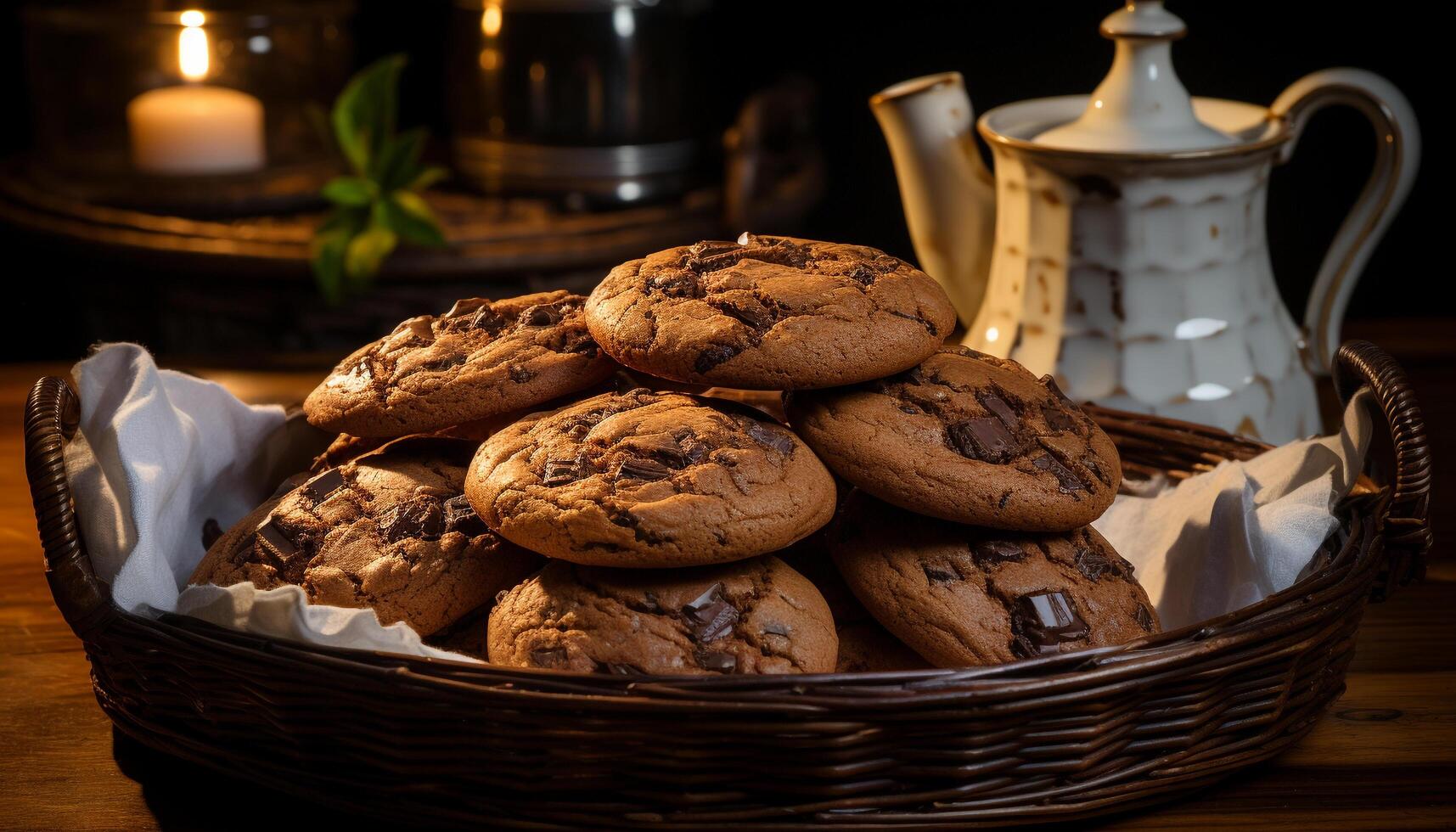 AI generated Homemade chocolate chip cookie on rustic wooden table generated by AI photo